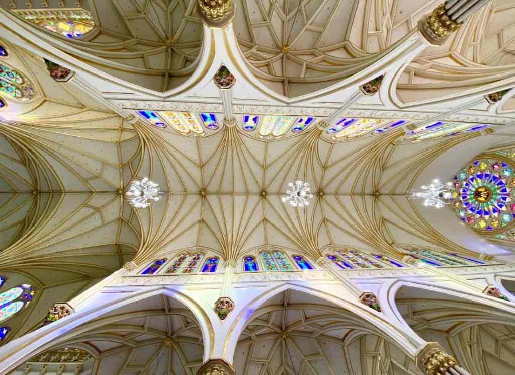 The ornate vaulted ceilings of the Las Lajas Sanctuary Colombia are truly impressive.
